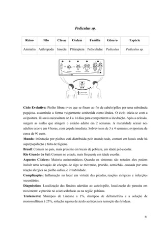 21
Pediculus sp.
Ciclo Evolutivo: Piolho libera ovos que se fixam ao fio de cabelo/pêlos por uma substância
pegajosa, assumindo a forma vulgarmente conhecida como lêndea. O ciclo inicia-se com a
ovipostura. Os ovos necessitam de 4 a 14 dias para completarem a incubação. Após a eclosão,
surgem as ninfas que atingem o estádio adulto em 2 semanas. A maturidade sexual nos
adultos ocorre em 4 horas, com cópula imediata. Sobrevivem de 3 a 4 semanas; ovipostura de
cerca de 90 ovos.
Mundo: Infestação por piolhos está distribuída pelo mundo todo, comum em locais onde há
superpopulação e falta de higiene.
Brasil: Comum no país, mais presente em locais de pobreza, em idade pré-escolar.
Rio Grande do Sul: Comum no estado, mais frequente em idade escolar.
Aspectos Clínicos: Maioria assintomáticos. Quando os sintomas são notados eles podem
incluir uma sensação de cócegas de algo se movendo, prurido, comichão, causada por uma
reação alérgica ao piolho saliva, e irritabilidade.
Complicações: Inflamação no local em virtude das picadas, reações alérgicas e infecções
secundárias.
Diagnóstico: Localização das lêndeas aderidas ao cabelo/pêlo, localização do parasita em
movimento e prurido no couro cabeludo ou na região pubiana.
Tratamento: Shampoo de Lindane a 1%, shampoo de deltametrina e a solução de
monossulfiram à 25%, solução aquosa de ácido acético para remoção das lêndeas.
Reino Filo Classe Ordem Família Gênero Espécie
Animalia Arthropoda Insecta Phtiraptera Pediculidae Pediculus Pediculus sp.
 