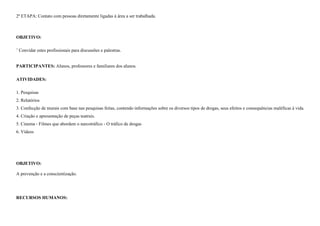 2ª ETAPA: Contato com pessoas diretamente ligadas à área a ser trabalhada.

OBJETIVO:
¨ Convidar estes profissionais para discussões e palestras.

PARTICIPANTES: Alunos, professores e familiares dos alunos.
ATIVIDADES:
1. Pesquisas
2. Relatórios
3. Confecção de murais com base nas pesquisas feitas, contendo informações sobre os diversos tipos de drogas, seus efeitos e consequências maléficas à vida.
4. Criação e apresentação de peças teatrais.
5. Cinema - Filmes que abordem o narcotráfico - O tráfico de drogas
6. Vídeos

OBJETIVO:
A prevenção e a conscientização.

RECURSOS HUMANOS:

 