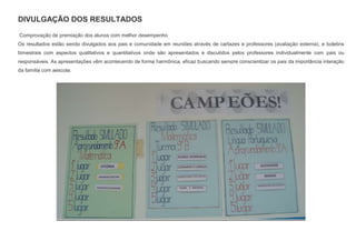 DIVULGAÇÃO DOS RESULTADOS
Comprovação de premiação dos alunos com melhor desempenho
Os resultados estão sendo divulgados aos pais e comunidade em reuniões através de cartazes e professores (avaliação externa), e boletins
bimestrais com aspectos qualitativos e quantitativos onde são apresentados e discutidos pelos professores individualmente com pais ou
responsáveis. As apresentações vêm acontecendo de forma harmônica, eficaz buscando sempre conscientizar os pais da importância interação
da família com aescola.

 