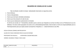 REUNIÕES DE CONSELHO DE CLASSE

Nas reuniõesde conselho de classe realizadassão observados os seguintes pontos:
Alunos faltosos;
Alunos indisciplinados;
Alunos que não fazem atividades extraclasse;
Alunos que não produzem em sala de aula;
Alunos que se destacaram positivamente no bimestre.
Ao término da reunião do 1º bimestreficou decidido quais os alunos que integrarão as turmas de reforço com as Professoras de uso da
biblioteca. Os alunos serão agrupados de acordo com as dificuldadesapresentadas. Será enviado um termo de responsabilidade para os
Pais/responsáveis para que ospais possam acompanhar a frequência e o desenvolvimento do seu filho.

ESCOLA ESTADUAL CORONEL ARISTIDES BATISTA
ALUNOS DO 6º ANO A INDICADOS PARA AS AULAS DE REFORÇO
PROFESSORA: MaricéliaVieira

SUPERVISORA: DIJALMA IMACULADA

HORÁRIO: SEGUNDAS E TERÇAS 17:00 AS 18:00

SEGUNDA NOME DO ALUNO
FEIRA

FREQUÊNCIA

 