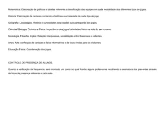 Matemática: Elaboração de gráficos e tabelas referente a classificação das equipes em cada modalidade dos diferentes tipos de jogos.
História: Elaboração de cartazes contando a história e curiosiadade de cada tipo de jogo.
Geografia: Localização, História e curiosidades das cidades que partciparão dos jogos.
Ciências/ Biologia/ Química e Física: Importância dos jogos/ atividades física na vida do ser hunamo.
Sociologia, Filosofia, Ingles: Relação Interpessoal, socialização entre Ibiaienses e vsitantes.
Artes/ Arte: confecção de cartazes e faixa informativos e de boas vindas para os visitantes.
Educação Física: Coordenação dos jogos.

CONTROLE DE PRESENÇA DE ALUNOS.
Quanto a verificação da frequencia, será montado um ponto no qual ficarão alguns professores recolhendo a assinatura dos presentes através
de listas de presença referente a cada sala.

 