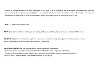 ocasiões de produção e recepção de textos” (Schneuwly e Dolz, 2004, p. 78). É fundamental que os estudantes compreendam que texto não
são somente aquelas composições escritas tradicionais com a qual se trabalha na escola - descrição, narração e dissertação – mas sim que o
texto é produzido diariamente em todos os momentos em que nos comunicamos, tanto na forma escrita como na oral.

PÚBLICO ALVO: Comunidade Escolar.

TEMA: Como promover a leitura dos diversos gêneros textuais fazendo uso da língua culta portuguesa em todo o âmbito escolar.

OBJETIVO GERAL:Apresentar os diversos gêneros textuais como um aliado no despertar do gosto pela leitura e escrita em nossos
alunos, desenvolvendo também competências, habilidades e criatividade.

OBJETIVOS ESPECÍFICOS: - Ler diversos gêneros textuais previamente selecionados;
- Confrontar opiniões e pontos de vista sobre as diferentes manifestações sobre a linguagem oral e escrita;
- Articular as diferenças e semelhanças entre a língua oral e escrita e seus códigos, sociais, contextuais e linguísticos;
- Produzir textos a partir das leituras e discussões promovidas na sala de aula;

 