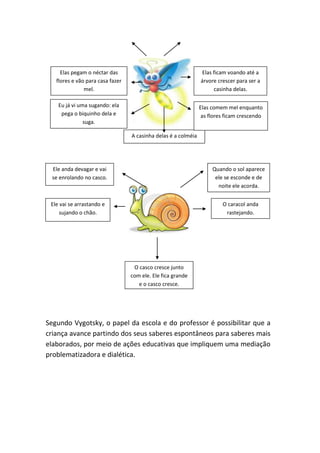 Elas pegam o néctar das                                    Elas ficam voando até a
   flores e vão para casa fazer                                 árvore crescer para ser a
               mel.                                                  casinha delas.

    Eu já vi uma sugando: ela                                   Elas comem mel enquanto
     pega o biquinho dela e                                      as flores ficam crescendo
               suga.

                                  A casinha delas é a colméia




  Ele anda devagar e vai                                             Quando o sol aparece
  se enrolando no casco.                                              ele se esconde e de
                                                                       noite ele acorda.


 Ele vai se arrastando e                                                 O caracol anda
     sujando o chão.                                                      rastejando.




                                   O casco cresce junto
                                  com ele. Ele fica grande
                                     e o casco cresce.




Segundo Vygotsky, o papel da escola e do professor é possibilitar que a
criança avance partindo dos seus saberes espontâneos para saberes mais
elaborados, por meio de ações educativas que impliquem uma mediação
problematizadora e dialética.
 