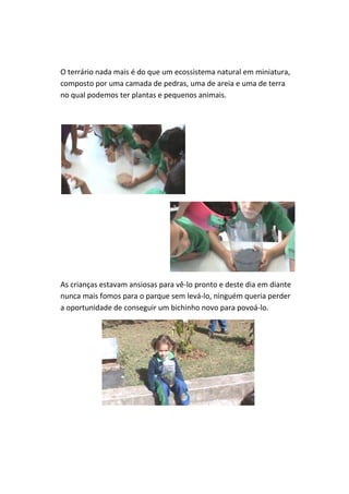 O terrário nada mais é do que um ecossistema natural em miniatura,
composto por uma camada de pedras, uma de areia e uma de terra
no qual podemos ter plantas e pequenos animais.




As crianças estavam ansiosas para vê-lo pronto e deste dia em diante
nunca mais fomos para o parque sem levá-lo, ninguém queria perder
a oportunidade de conseguir um bichinho novo para povoá-lo.
 