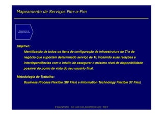 Mapeamento de Serviços Fim-a-Fim



  Mapeamento de
 Serviços Fim-a-Fim




Objetivo:
         Identificação de todos os itens de configuração da infraestrutura de TI e de
         negócio que suportam determinado serviço de TI, incluindo suas relações e
         interdependências com o intuito de assegurar o máximo nível de disponibilidade
         possível do ponto de vista do seu usuário final.

Metodologia de Trabalho:
         Business Process Flexible (BP Flex) e Information Technology Flexible (IT Flex)




                              @ Copyright 2012 - Ivan Luizio (ivan_luizio@hotmail.com) - Slide 5
 