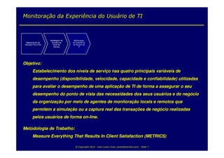Monitoração da Experiência do Usuário de TI



                      Modelagem de    Monitoração
  Mapeamento de        Acordos de    da Experiência
 Serviços Fim-a-Fim     Nível de     do Usuário de
                         Serviço           TI




Objetivo:
         Estabelecimento dos níveis de serviço nas quatro principais variáveis de
         desempenho (disponibilidade, velocidade, capacidade e confiabilidade) utilizadas
         para avaliar o desempenho de uma aplicação de TI de forma a assegurar o seu
         desempenho do ponto de vista das necessidades dos seus usuários e do negócio
         da organização por meio de agentes de monitoração locais e remotos que
         permitem a simulação ou a captura real das transações de negócio realizadas
         pelos usuários de forma on-line.

Metodologia de Trabalho:
         Measure Everything That Results In Client Satisfaction (METRICS)

                                        @ Copyright 2012 - Ivan Luizio (ivan_luizio@hotmail.com) - Slide 7
 
