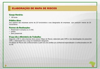 ELABORAÇÃO DE MAPA DE RISCOS

Carga Horária:
• 08 horas.
Público Alvo:
Aos cipeiros das empresas acima de 20 funcionários e aos designados de empresas que possuem menos de 20
funcionários.

Formas de Realizações:
• Presencial in company ou no ISC.
• Online.
• Semi presencial.

O que diz o Ministério do Trabalho:
Segundo a NR 5, toda empresa deve possuir Mapa de Riscos, elaborado pela CIPA e nas desobrigadas de possuírem
CIPA, a elaboração fica a cargo do trabalhador designado.
Os Mapas de Riscos são confeccionados a partir de uma análise por profissional especializado e confeccionados em 2D
ou 3D.
 