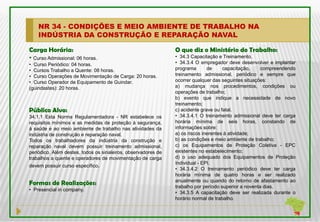 NR 34 - CONDIÇÕES E MEIO AMBIENTE DE TRABALHO NA
    INDÚSTRIA DA CONSTRUÇÃO E REPARAÇÃO NAVAL

Carga Horária:                                                 O que diz o Ministério do Trabalho:
• Curso Admissional: 06 horas.                                 • 34.3 Capacitação e Treinamento.
• Curso Periódico: 04 horas.                                   • 34.3.4 O empregador deve desenvolver e implantar
• Cursos Trabalho a Quente: 08 horas.                          programa       de     capacitação,    compreendendo
• Curso Operações de Movimentação de Carga: 20 horas.          treinamento admissional, periódico e sempre que
• Curso Operador de Equipamento de Guindar.                    ocorrer qualquer das seguintes situações:
(guindastes): 20 horas.                                        a) mudança nos procedimentos, condições ou
                                                               operações de trabalho;
                                                               b) evento que indique a necessidade de novo
                                                               treinamento;
Público Alvo:                                                  c) acidente grave ou fatal.
34.1.1 Esta Norma Regulamentadora - NR estabelece os           • 34.3.4.1 O treinamento admissional deve ter carga
requisitos mínimos e as medidas de proteção à segurança,       horária mínima de seis horas, constando de
à saúde e ao meio ambiente de trabalho nas atividades da       informações sobre:
indústria de construção e reparação naval.                     a) os riscos inerentes à atividade;
Todos os trabalhadores da indústria da construção e            b) as condições e meio ambiente de trabalho;
reparação naval devem possuir treinamento admissional,         c) os Equipamentos de Proteção Coletiva - EPC
periódico. Além destes, todos os sinaleiros, observadores de   existentes no estabelecimento;
trabalhos a quente e operadores de movimentação de carga       d) o uso adequado dos Equipamentos de Proteção
                                                               Individual - EPI.
devem possuir curso específico.
                                                               • 34.3.4.2 O treinamento periódico deve ter carga
                                                               horária mínima de quatro horas e ser realizado
                                                               anualmente ou quando do retorno de afastamento ao
Formas de Realizações:                                         trabalho por período superior a noventa dias.
• Presencial in company.
                                                               • 34.3.5 A capacitação deve ser realizada durante o
                                                               horário normal de trabalho.
 