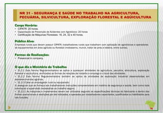 NR 31 - SEGURANÇA E SAÚDE NO TRABALHO NA AGRICULTURA,
    PECUÁRIA, SILVICULTURA, EXPLORAÇÃO FLORESTAL E AQÜICULTURA

Carga Horária:
• CIPATR: 20 horas.
• Capacitação de Prevenção de Acidentes com Agrotóxico: 20 horas
• Certificação de Máquinas Florestais: 16, 24, 32 e 40 horas.

Público Alvo:
Empresas rurais que devam possuir CIPATR; trabalhadores rurais que trabalham com aplicação de agrotóxicos e operadores
de equipamentos em área agrícola ou florestal (motosserra, munck, trator de pneu e esteira, entre outros).

Formas de Realizações:
• Presencial in company.


O que diz o Ministério do Trabalho:
• 31.2.1 Esta Norma Regulamentadora se aplica a quaisquer atividades da agricultura, pecuária, silvicultura, exploração
florestal e aqüicultura, verificadas as formas de relações de trabalho e emprego e o local das atividades.
• 31.2.2 Esta Norma Regulamentadora também se aplica às atividades de exploração industrial desenvolvidas em
estabelecimentos agrários.
• 31.3.3 Cabe ao empregador rural ou equiparado:
h) assegurar que se forneça aos trabalhadores instruções compreensíveis em matéria de segurança e saúde, bem como toda
orientação e supervisão necessárias ao trabalho seguro;
• 31.12.1 As máquinas e implementos devem ser utilizados segundo as especificações técnicas do fabricante e dentro dos
limites operacionais e restrições por ele indicados, e operados por trabalhadores capacitados, qualificados ou habilitados para
tais funções.
 