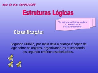 Estruturas Lógicas Aula do dia: 08/03/2005 “ As estruturas lógicas ajudam  a desenvolver o nosso pensamento” Segundo MUNIZ, por meio dela a criança é capaz de agir sobre os objetos, organizando-os e separando-os segundo critérios estabelecidos. Classificação:  
