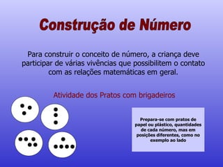 Construção de Número Para construir o conceito de número, a criança deve participar de várias vivências que possibilitem o contato com as relações matemáticas em geral. Atividade dos Pratos com brigadeiros Prepara-se com pratos de papel ou plástico, quantidades de cada número, mas em posições diferentes, como no exemplo ao lado 