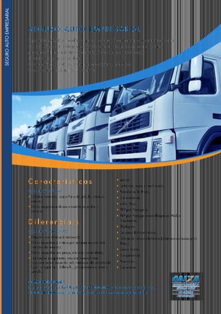 SEGURO AUTO E MPRESARIAL
Seguro desenvolvido especialmente para assegurar a frota das empresas com cinco ou mais
veículos. Oferece proteção para os veículos e para os ocupantes para que você não
precise administrar imprevistos como roubo, furto, conserto e reclamações
de terceiros em caso de acidentes.
O seguro oferece ainda cobertura para motocicletas, caminhões
leves e pesados, ônibus, pick-ups e outros.
C a r a c t e r í s t i c a s
COBERTURAS BÁSICAS
• Colisão, incêndio, roubo/furto do veículo, totais ou
parcial;
• Danos corporais e danos materiais causados a
terceiros.
D i f e r e n c i a i s
COBERTURAS ADICIONAIS
• Desconto de bônus por renovação;
• Danos causados à pintura por acidente ou por atos
danosos de terceiros;
• Danos causados aos pneus, em caso de acidente;
• Inundação, alagamento, ressaca, ventos fortes
(qualquer vento, causado pela natureza, de velocidade
igual ou superior a 54km/h), granizo externo sobre o
veículo.
• Vidros;
• Lanternas, faróis e retrovisores;
• Assistência 24 Horas;
• Carro reserva;
• Valor Novo;
• APP por Passageiro;
• APP por Passageiro com Despesas Médico-
Hospitalares;
• Blindagem;
• Despesas Extraordinárias;
• Diárias de indisponibilidade (cobertura exclusiva para
Táxis);
• Danos morais;
• Equipamentos;
• Acessórios;
• Carroceria.
SEGUROAUTOEMPRESARIAL
COMO CONTRATAR?
Entre em contato com a PAR RE pelo telefone 4020 6180 (capitais e regiões metropolitanas)
e 0800 601 8080 (demais localidades). Acesse também: www.caixaseguros.com.br
 