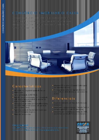 C O NS Ó R C I O I M O B I L I Á RI O C AIXA
Com o planejamento do Consórcio fica muito mais fácil tirar seus projetos do papel,
comprar a sede da sua empresa, expandir seus negócios etc. Você define parcela e
prazo que mais se ajustam ao seu fluxo de caixa e conta com uma das Taxas de
Administração mais baratas do mercado.
COMO CONTRATAR?
Ligue 0800 702 4000 e agende uma visita, ou fale com o seu gerente de relacionamento
pessoa jurídica da CAIXA. Acesse também: www.caixaconsorcios.com.br.
C a r a c t e r í s t i c a s
• Não incide juros, pagamento apenas da Taxa de
Administração;
• Cartas de Crédito de até R$ 700 mil;
• Após 180 dias da contemplação, com a quitação do
saldo devedor, há a possibilidade de converter em
espécie a Carta de Crédito;
• Os Grupos possuem cartas com valores diferenciados,
e é possível alterar o valor da carta, até duas vezes,
dentro do mesmo Grupo;
• Pagamento somente de Taxa de Administração, que
varia conforme o prazo do plano;
• Adesão em Grupos mistos;
• Utiliza até 50% do valor da Carta de Crédito vigente
para pagamento do lance;
• A Carta pode ser usada para aquisição de imóvel
novo, usado, na planta, terrenos, ou para construir ou
reformar.
D i f e r e n c i a i s
• Grupos em andamento com Taxas de Administração
diferenciadas
• Você mantém o poder de compra – Carta de Crédito é
atualizada pelo INPC a cada 12 assembleias;
• Você conta com a credibilidade e solidez da CAIXA,
uma empresa com mais de 150 anos de tradição.
CONSÓRCIOIMOBILIÁRIOCAIXA
 