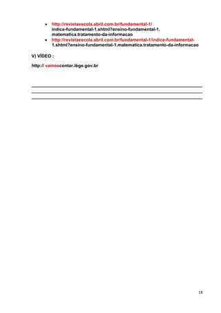 18
http://revistaescola.abril.com.br/fundamental-1/
indice-fundamental-1.shtml?ensino-fundamental-1.
matematica.tratamento-da-informacao
http://revistaescola.abril.com.br/fundamental-1/indice-fundamental-
1.shtml?ensino-fundamental-1.matematica.tratamento-da-informacao
V) VÍDEO :
http:// vamoscontar.ibge.gov.br
_____________________________________________________________________
_____________________________________________________________________
_____________________________________________________________________
 