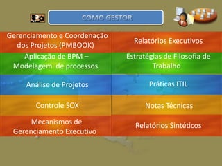 Gerenciamento e Coordenação
dos Projetos (PMBOOK)
Controle SOX
Análise de Projetos
Aplicação de BPM –
Modelagem de processos
Relatórios Executivos
Estratégias de Filosofia de
Trabalho
Práticas ITIL
Relatórios Sintéticos
Notas Técnicas
Mecanismos de
Gerenciamento Executivo
 