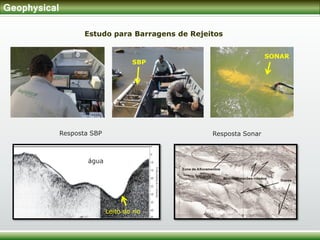 Geophysical
Estudo para Barragens de Rejeitos
SBP
SONAR
Resposta SBP Resposta Sonar
água
Leito do rio
 