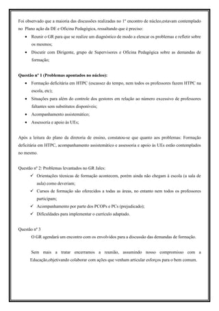 Foi observado que a maioria das discussões realizadas no 1º encontro de núcleo,estavam contemplado
no Plano ação da DE e Oficina Pedagógica, ressaltando que é preciso:
   • Reunir o GR para que se realize um diagnóstico de modo a elencar os problemas e refletir sobre
       os mesmos;
   • Discutir com Dirigente, grupo de Supervisores e Oficina Pedagógica sobre as demandas de
       formação;


Questão nº 1 (Problemas apontados no núcleo):
   •   Formação deficitária em HTPC (escassez do tempo, nem todos os professores fazem HTPC na
       escola, etc);
   • Situações para além do controle dos gestores em relação ao número excessivo de professores
       faltantes sem substitutos disponíveis;
   • Acompanhamento assistemático;
   • Assessoria e apoio às UEs;


Após a leitura do plano da diretoria de ensino, constatou-se que quanto aos problemas: Formação
deficitária em HTPC, acompanhamento assistemático e assessoria e apoio às UEs estão contemplados
no mesmo.


Questão nº 2: Problemas levantados no GR Jales:
          Orientações técnicas de formação acontecem, porém ainda não chegam à escola (a sala de
          aula) como deveriam;
          Cursos de formação são oferecidos a todas as áreas, no entanto nem todos os professores
          participam;
          Acompanhamento por parte dos PCOPs e PCs (prejudicado);
          Dificuldades para implementar o currículo adaptado.


Questão nº 3
       O GR agendará um encontro com os envolvidos para a discussão das demandas de formação.


       Sem mais a tratar encerramos a reunião, assumindo nosso compromisso com a
       Educação,objetivando colaborar com ações que venham articular esforços para o bem comum.
 