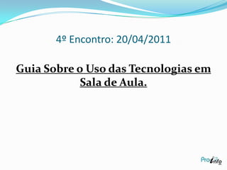3º Encontro: 13/04/2011MINHAS IMPRESSÕES:O mundo globalizado vive constantes mudanças para facilitar as nossas vidas, porém para acompanhá-lo devemos reservar tempo para estudos, pesquisas e busca de informações para aplicá-las ao nosso trabalho.Na última década a escola mudou, os alunos mudaram e consequentemente nós também precisamos mudar, aperfeiçoando-nos e nos adequando às novas demandas de estudos e tecnologias.