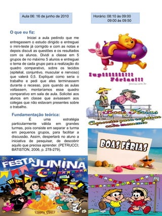 Aula 06: 16 de junho de 2010           Horário: 08:10 às 09:00
                                                       09:00 às 09:50


O que eu fiz:
             Iniciei a aula pedindo que me
entregassem o estudo dirigido e entreguei
o mini-teste já corrigido e com as notas e
depois discuti as questões e os resultados
com os alunos. Dividi a classe em 5
grupos de no máximo 5 alunos e entreguei
o tema de cada grupo para a realização do
quadro comparativo, sobre os tecidos
(epitelial, conjuntivo, muscular e nervoso)
que valerá 0,5. Expliquei como seria o
trabalho e pedi que eles terminassem
durante o recesso, pois quando as aulas
voltassem, montaríamos esse quadro
comparativo em sala de aula. Solicitei aos
alunos em classe que avisassem aos
colegas que não estavam presentes sobre
o trabalho.

 Fundamentação teórica:
            É        uma        estratégia
 particularmente válida em grandes
 turmas, pois consiste em separar a turma
 em pequenos grupos, para facilitar a
 discussão. Assim, despertará no aluno a
 iniciativa de pesquisar, de descobrir
 aquilo que precisa aprender. (PETRUCCI;
 BATISTON, 2006, p. 278-279).
 