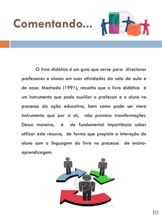 Comentando...


       O livro didático é um guia que serve para direcionar
 professores e alunos em suas atividades da sala de aula e
 de casa. Machado (1991), ressalta que o livro didático é
 um instrumento que pode auxiliar o professor e o aluno no
 processo da ação educativa, bem como pode ser mero
 instrumento que por si só,   não provoca transformações.
 Dessa maneira,    é   de fundamental importância saber
 utilizar este recurso, de forma que propicie a interação do
 aluno com a linguagem do livro no processo      de ensino-
 aprendizagem.




                                                               10
 