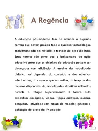A educação moderna tem de atender a algumas normas que devem presidir toda e qualquer metodolo




                        A Regência

       A educação pós-moderna tem de atender a algumas
       normas que devem presidir toda e qualquer metodologia,
       consubstanciada em métodos e técnicas de ação didática.
       Estas normas são como que o balizamento da ação
       educativa para que os objetivos da educação possam ser

                           ASdo conteúdo e dos objetivos
       alcançados com eficiência. A escolha da modalidade
       didática vai depender
       selecionados, da AULAS destina, do tempo e dos
                        classe a que se
       recursos disponíveis. As modalidades didáticas utilizadas
                            ...
       durante o Estágio Supervisionado II foram: aula
       expositiva dialogada, vídeos,               jogos didáticos, músicas,
       pesquisas, atividade com massa de modelar, gincana e
       aplicação de prova da IV unidade.




                                                                                        11
 