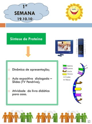 1ª
      SEMANA
        19.10.10



    Síntese de Proteína




    Dinâmica de apresentação;

    Aula expositiva dialogada –
     Slides (TV Pendrive);

    Atividade do livro didático
     para casa.




                                   12
 