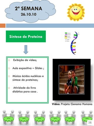 2ª SEMANA
2ª        26.10.10




Síntese de Proteína




   Exibição de vídeo;

   Aula expositiva – Slides ;

   Música ácidos nucléicos e
    síntese de proteínas;

   Atividade do livro
    didático para casa .


                                 Vídeo: Projeto Genoma Humano




                                                          14
 