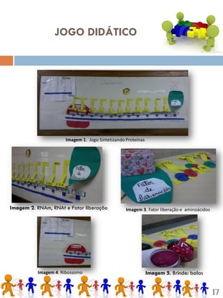 JOGO DIDÁTICO




                     Imagem 1. Jogo Sintetizando Proteínas




Imagem 2. RNAm, RNAt e Fator liberação           Imagem 3. Fator liberação e aminoácidos




          Imagem 4. Ribossomo                                Imagem 5. Brinde: balas


                                                                                           17
 