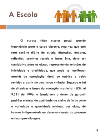 A Escola


      O    espaço    físico   escolar   possui   grande
importância para o corpo discente, uma vez que este
será cenário diário de estudo, discussões, debates,
reflexões, convívios sociais e lazer. Este, deve ser
convidativo para os alunos, representando relações de
intimidade e afetividade, que pode se manifestar
através de apreciação visual ou estética e pelos
sentidos a partir de uma longa vivência. Segundo a Lei
de diretrizes e bases da educação brasileira - LDB, lei
9.394 de 1996, o Estado tem o dever de garantir
padrões mínimos de qualidade de ensino definido como
a variedade e quantidade mínimas, por aluno, de
insumos indispensáveis ao desenvolvimento do processo
ensino-aprendizagem.


                                                          4
 