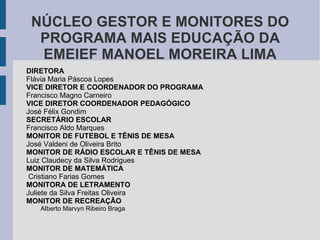NÚCLEO GESTOR E MONITORES DO PROGRAMA MAIS EDUCAÇÃO DA EMEIEF MANOEL MOREIRA LIMA DIRETORA  Flávia Maria Páscoa Lopes VICE DIRETOR E COORDENADOR DO PROGRAMA Francisco Magno Carneiro VICE DIRETOR COORDENADOR PEDAGÓGICO  José Félix Gondim SECRETÁRIO ESCOLAR Francisco Aldo Marques MONITOR DE FUTEBOL E TÊNIS DE MESA José Valdeni de Oliveira Brito MONITOR DE RÁDIO ESCOLAR E TÊNIS DE MESA Luiz Claudecy da Silva Rodrigues MONITOR DE MATEMÁTICA Cristiano Farias Gomes MONITORA DE LETRAMENTO Juliete da Silva Freitas Oliveira MONITOR DE RECREAÇÃO Alberto Marvyn Ribeiro Braga 