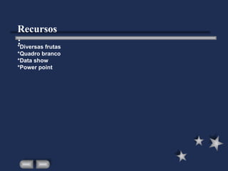 *Diversas frutas  *Quadro branco  *Data show  *Power point Recursos: 