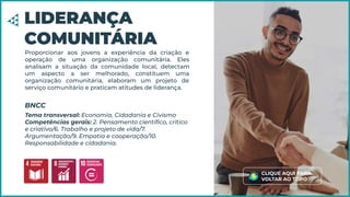 Proporcionar aos jovens a experiência da criação e
operação de uma organização comunitária. Eles
analisam a situação da comunidade local, detectam
um aspecto a ser melhorado, constituem uma
organização comunitária, elaboram um projeto de
serviço comunitário e praticam atitudes de liderança.
LIDERANÇA
COMUNITÁRIA
Tema transversal: Economia, Cidadania e Civismo
Competências gerais: 2. Pensamento cientíﬁco, crítico
e criativo/6. Trabalho e projeto de vida/7.
Argumentação/9. Empatia e cooperação/10.
Responsabilidade e cidadania.
BNCC
CLIQUE AQUI PARA
VOLTAR AO TOPO
 