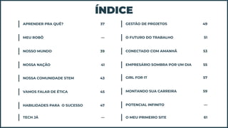 ÍNDICE
APRENDER PRA QUÊ?
MEU ROBÔ
NOSSO MUNDO
NOSSA NAÇÃO
NOSSA COMUNIDADE STEM
VAMOS FALAR DE ÉTICA
HABILIDADES PARA O SUCESSO
GESTÃO DE PROJETOS
O FUTURO DO TRABALHO
CONECTADO COM AMANHÃ
EMPRESÁRIO SOMBRA POR UM DIA
GIRL FOR IT
MONTANDO SUA CARREIRA
POTENCIAL INFINITO
O MEU PRIMEIRO SITE
49
51
53
55
57
59
—
61
37
—
39
41
43
45
47
—
TECH JÁ
 