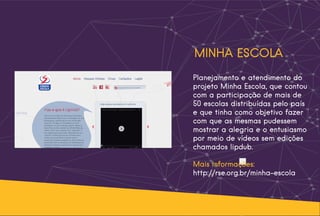 MINHA ESCOLA
Planejamento e atendimento do
projeto Minha Escola, que contou
com a participação de mais de
50 escolas distribuídas pelo país
e que tinha como objetivo fazer
com que as mesmas pudessem
mostrar a alegria e o entusiasmo
por meio de vídeos sem edições
chamados lipdub.
Mais informações:
http://rse.org.br/minha-escola
 