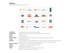 Clientes
Principais clientes atendidos por regime de conta e job




ALIMENTAÇÃO      • Alcachofra (Restaurantes e Buffet) • Cafeteria da Cidade
DISTRIBUIDORA    • Hankook l Duson (Materiais Escolares) • Union Wrap (Dist. Hitashi) • TFS (Perfumes)
EDITORA          • TRIP (Trip e Tpm)
ENSINO           • CEA (Pós Graduação Fei)
ENTRETENIMENTO   • Indiana Mystery (Tematizações) • Playcenter (Parque de Diversões) • Eurobungy (Trampolin)
FITNESS          • Monday Academia (Rede)
INDÚSTRIA        • Inside Office (Móveis) • Intelligent Table (Móveis) • LG (Eletrônicos) • Native (Cosmética) • Neostone (Porcelanato)
                 • StudioLuce (Luminárias) • Sanofi-Aventis (Farmacêutica) • Univet (Veterinária) • Wyeth (Farmacêutica)
RECURSOS HUMANOS • ADP (Consultoria) • Human Management Systems (Consultoria)
SERVIÇO          • Argon (Graph e Promo) • Maxserv (Gestão de Contratos)
TURISMO          • Maison de la France (Sindicato Francês)
VAREJO           • Depósito Gregório (Moda Íntima) • Casa Zico (Cama, Mesa e Banho)
                 • Malharia & Cia (Vestuário) • Calçados Nicky’s (Rede)
 