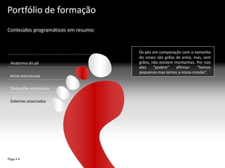 Portfólio de formação
Conteúdos programáticos em resumo:


                                     Os pés em comparação com o tamanho
                                     do corpo são grãos de areia, mas, sem
 Anatomia do pé                      grãos, não existem montanhas. Por isso
                                     eles    “podem”    afirmar:   “Somos
                                     pequenos mas temos a nossa missão”.
 Arcos estruturais

 Disfunções estruturais

 Sistemas associados




                                                           YOUR LOGO
Page  4
 
