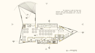 Na cobertura o salão de festas terá
estrutura para atender eventos para até 100
pessoas, que serão contempladas com a vista de
toda a cidade.
 