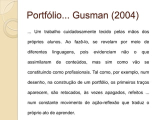 Opinião dos Alunos sobre o PortfólioConceitoPortfólio ou Porta folhas – é um conjunto de trabalhos de um profissional ou empresa.Um artista, um arquiteto, um publicitário, designer ou modelo de moda pode apresentar um portfólio de seu trabalho realizado até aquele momento.Documento formal que apresenta as experiências de aprendizagem de um indivíduo, sendo utilizada para solicitar reconhecimento acadêmico da aprendizagem experimental ou empírica.  Pode ser também considerado um material acumulado pelo desenvolvimento de um conjunto de ações voltados para melhorar os resultados de um trabalho ou pesquisa.Os portfólios podem ser separados por departamentos, por matérias, por áreas de conhecimento, etc.