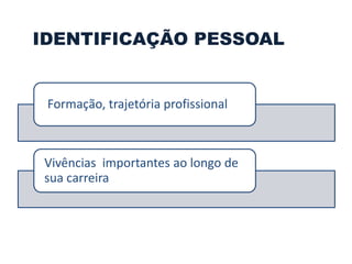 Formação, trajetória profissional
Vivências importantes ao longo de
sua carreira
IDENTIFICAÇÃO PESSOAL
 