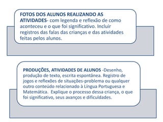 FOTOS DOS ALUNOS REALIZANDO AS
ATIVIDADES- com legenda e reflexão de como
aconteceu e o que foi significativo. Incluir
registros das falas das crianças e das atividades
feitas pelos alunos.
PRODUÇÕES, ATIVIDADES DE ALUNOS -Desenho,
produção de texto, escrita espontânea. Registro de
jogos e reflexões de situações-problema ou qualquer
outro conteúdo relacionado à Língua Portuguesa e
Matemática. Explique o processo dessa criança, o que
foi significativo, seus avanços e dificuldades.
 