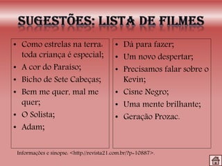 • Como estrelas na terra:
toda criança é especial;
• A cor do Paraíso;
• Bicho de Sete Cabeças;
• Bem me quer, mal me
quer;
• O Solista;
• Adam;
• Dá para fazer;
• Um novo despertar;
• Precisamos falar sobre o
Kevin;
• Cisne Negro;
• Uma mente brilhante;
• Geração Prozac.
Informações e sinopse: <http://revista21.com.br/?p=10887>.
 
