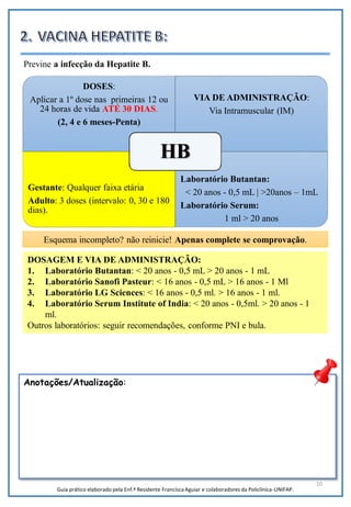 DOSES:
Aplicar a 1º dose nas primeiras 12 ou
24 horas de vida ATÉ 30 DIAS.
(2, 4 e 6 meses-Penta)
VIA DE ADMINISTRAÇÃO:
Via Intramuscular (IM)
Gestante: Qualquer faixa etária
Adulto: 3 doses (intervalo: 0, 30 e 180
dias).
Laboratório Butantan:
< 20 anos - 0,5 mL | >20anos – 1mL
Laboratório Serum:
1 ml > 20 anos
HB
Esquema incompleto? não reinicie! Apenas complete se comprovação.
DOSAGEM E VIA DE ADMINISTRAÇÃO:
1. Laboratório Butantan: < 20 anos - 0,5 mL > 20 anos - 1 mL
2. Laboratório Sanofi Pasteur: < 16 anos - 0,5 mL > 16 anos - 1 Ml
3. Laboratório LG Sciences: < 16 anos - 0,5 ml. > 16 anos - 1 ml.
4. Laboratório Serum Institute of India: < 20 anos - 0,5ml. > 20 anos - 1
ml.
Outros laboratórios: seguir recomendações, conforme PNI e bula.
10
Previne a infecção da Hepatite B.
Anotações/Atualização:
Guia prático elaborado pela Enf.ª Residente Francisca Aguiar e colaboradores da Policlínica-UNIFAP.
 