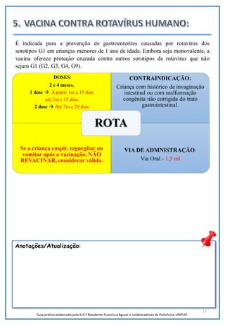 DOSES:
2 e 4 meses.
1 dose  A partir 1m e 15 dias
até 3m e 15 dias.
2 dose  Até 7m e 29 dias
CONTRAINDICAÇÃO:
Criança com histórico de invaginação
intestinal ou com malformação
congênita não corrigida do trato
gastrointestinal.
Se a criança cuspir, regurgitar ou
vomitar após a vacinação, NÃO
REVACINAR, considerar válida.
VIA DE ADMNISTRAÇÃO:
Via Oral - 1,5 ml
ROTA
13
Anotações/Atualização:
É indicada para a prevenção de gastroenterites causadas por rotavírus dos
sorotipos G1 em crianças menores de 1 ano de idade. Embora seja monovalente, a
vacina oferece proteção cruzada contra outros sorotipos de rotavírus que não
sejam G1 (G2, G3, G4, G9).
Guia prático elaborado pela Enf.ª Residente Francisca Aguiar e colaboradores da Policlínica-UNIFAP.
 