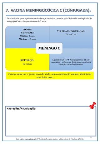 2 DOSES:
3 E 5 MESES
Mínimo: 2 anos
Máximo: < 5 anos
VIA DE ADMINISTRAÇÃO:
IM – 0,5 mL
REFORÇO:
12 meses
A partir de 2018  Adolescente de 11 a 14
anos adm 1 reforço ou dose única, conforme
situação vacinal encontrada.
MENINGO C
15
Está indicada para a prevenção da doença sistêmica causada pela Neisseria meningitidis do
sorogrupo C em crianças menores de 2 anos.
Anotações/Atualização:
Criança entre um e quatro anos de idade, sem comprovação vacinal, administrar
uma única dose.
Guia prático elaborado pela Enf.ª Residente Francisca Aguiar e colaboradores da Policlínica-UNIFAP.
 