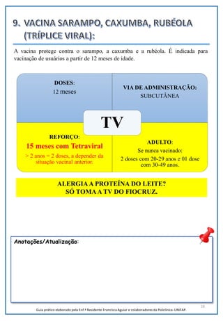DOSES:
12 meses
VIA DE ADMINISTRAÇÃO:
SUBCUTÂNEA
REFORÇO:
15 meses com Tetraviral
> 2 anos = 2 doses, a depender da
situação vacinal anterior.
ADULTO:
Se nunca vacinado:
2 doses com 20-29 anos e 01 dose
com 30-49 anos.
TV
18
ALERGIAA PROTEÍNA DO LEITE?
SÓ TOMAA TV DO FIOCRUZ.
Anotações/Atualização:
A vacina protege contra o sarampo, a caxumba e a rubéola. É indicada para
vacinação de usuários a partir de 12 meses de idade.
Guia prático elaborado pela Enf.ª Residente Francisca Aguiar e colaboradores da Policlínica-UNIFAP.
 