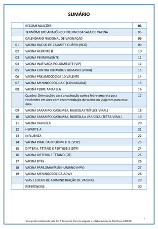 2
SUMÁRIO
RECOMENDAÇÕES 03
TERMÔMETRO ANALÓGICO INTERNO DA SALA DE VACINA 05
CALENDÁRIO NACIONAL DE VACINAÇÃO 06
01 VACINA BACILO DE CALMETE GUÉRIN (BCG) 09
02 VACINA HEPATITE B 10
03 VACINA PENTAVALENTE 11
04 VACINA INATIVADA POLIOMIELITE (VIP) 12
05 VACINA CONTRA ROTAVÍRUS HUMANO (VORH) 13
06 VACINA PNEUMOCÓCICA 10 VALENTE 14
07 VACINA MENINGOCÓCICA C (CONJUGADA) 15
08 VACINA FEBRE AMARELA 16
Quadro: Orientações para a vacinação contra febre amarela para
residentes em área com recomendação da vacina ou viajantes para essa
área.
17
09 VACINA SARAMPO, CAXUMBA, RUBÉOLA (TRÍPLICE VIRAL) 18
10 VACINA SARAMPO, CAXUMBA, RUBÉOLA e VARICELA (TETRA VIRAL) 19
11 VACINA VARICELA 20
12 HEPATITE A 21
13 INFLUENZA 22
14 VACINA ORAL DA POLIOMIELITE (VOP) 23
15 DIFTERIA, TÉTANO E PERTUSSIS (DTP) 24
16 VACINA DIFTERIA E TÉTANO (DT) 25
17 VACINA DTPa 26
18 VACINA PAPILOMAVÍRUS HUMANO (HPV) 27
19 VACINA MENINGOCÓCICA ACWY 28
VIAS E LOCAIS DE ADIMINISTRAÇÃO DE VACINAS 29
REFERÊNCIAS 30
Guia prático elaborado pela Enf.ª Residente Francisca Aguiar e colaboradores da Policlínica-UNIFAP.
 