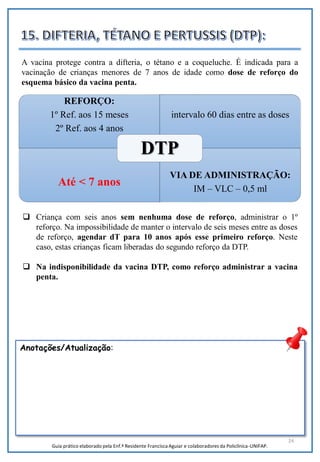 24
REFORÇO:
1º Ref. aos 15 meses
2º Ref. aos 4 anos
intervalo 60 dias entre as doses
Até < 7 anos
VIA DE ADMINISTRAÇÃO:
IM – VLC – 0,5 ml
DTP
A vacina protege contra a difteria, o tétano e a coqueluche. É indicada para a
vacinação de crianças menores de 7 anos de idade como dose de reforço do
esquema básico da vacina penta.
Anotações/Atualização:
 Criança com seis anos sem nenhuma dose de reforço, administrar o 1º
reforço. Na impossibilidade de manter o intervalo de seis meses entre as doses
de reforço, agendar dT para 10 anos após esse primeiro reforço. Neste
caso, estas crianças ficam liberadas do segundo reforço da DTP.
 Na indisponibilidade da vacina DTP, como reforço administrar a vacina
penta.
Guia prático elaborado pela Enf.ª Residente Francisca Aguiar e colaboradores da Policlínica-UNIFAP.
 
