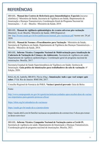 30
BRASIL. Manual dos Centros de Referência para Imunobiológicos Especiais [recurso
eletrônico] / Ministério da Saúde, Secretaria de Vigilância em Saúde, Departamento de
Imunização e Doenças Transmissíveis, Coordenação-Geral do Programa Nacional de
Imunizações. – 5. ed. – Brasília : Ministério da Saúde, 2019.
BRASIL. Manual de vigilância epidemiológica de eventos adversos pós-vacinação
[Internet]. 2a ed. Brasília: Ministério da Saúde; 2008.Disponível:
em: http://bvsms.saude.gov.br/bvs/publicacoes/manual_pos-vacinacao.pdf Acesso em: 28 jul
2020.
BRASIL. Manual de Normas e Procedimentos para Vacinação / Ministério da Saúde,
Secretaria de Vigilância em Saúde, Departamento de Vigilância das Doenças Transmissíveis. –
Brasília : Ministério da Saúde, 2014.
BRASIL. Informe Técnico. Campanha Nacional de Multivacinação para Atualização da
Caderneta de Vacinação da Criança e do Adolescente. Secretaria de vigilância em saúde.
Departamento de vigilância epidemiológica. Coordenação-geral do programa nacional de
imunizações. Brasília, 2017.
Secretaria Estadual de Saúde Superintendência de Vigilância em Saúde. Gerência de
Imunização. Guia prático de imunizações para trabalhadores da sala de vacinação. 6ª
Edição, 2020.
BALLALAI, Isabella; BRAVO, Flavia (Org.). Imunização: tudo o que você sempre quis
saber. 3º Ed. Rio de Janeiro: RMCOM, 2017.
Conselho Regional de Farmácia do PARÁ. Vacina é possível prevenir. Guia de Bolso.
Fonte:
http://www.campogrande.ms.gov.br/cgnoticias/noticias/cuidados-apos-receber-dose-de-vacina-
sao-importantes-para-garantir-protecao-eficaz/
https://sbim.org.br/calendarios-de-vacinacao
https://saude.gov.br/saude-de-a-z/pentavalente
https://saude.abril.com.br/familia/vacinacao-na-pandemia-de-coronavirus-5-dicas-pra-tomar-
as-doses-sem-risco/
BRASIL. Informe Técnico. Campanha Nacional de Vacinação contra a Covid-19.
Secretaria de vigilância em saúde. Departamento de Imunização e Doenças Transmissíveis.
Coordenação-geral do programa nacional de imunizações. Brasília, 2021.
 