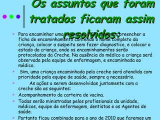 Os assuntos que foram tratados ficaram assim resolvidos: Para encaminhar uma criança ao PSF, devemos preencher a ficha de encaminhamento contendo o nome completo da criança, colocar a suspeita sem fazer diagnostico, e colocar o estado da criança, onde os encaminhamentos serão protocolados da Creche. Na ausência do médico a criança será observada pela equipe de enfermagem, e encaminhada ao médico. Sim, uma criança encaminhada pela creche será atendida com prioridade pela equipe de saúde, sempre q necessário.  As ações a serem desenvolvidas juntamente com a creche são as seguintes:  Acompanhamento da carteira de vacina. Todas serão ministradas pelos profissionais da unidade, médicos, equipe de enfermagem, dentistas e os Agentes de saúde. Portanto ficou combinado para o ano de 2010 que faremos um cronograma de palestras para o ano todo. 