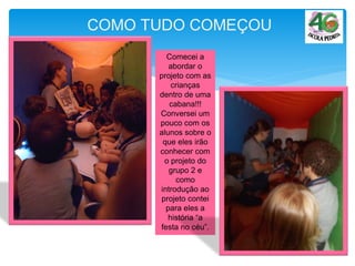 Comecei a
abordar o
projeto com as
crianças
dentro de uma
cabana!!!
Conversei um
pouco com os
alunos sobre o
que eles irão
conhecer com
o projeto do
grupo 2 e
como
introdução ao
projeto contei
para eles a
história “a
festa no céu”.
 